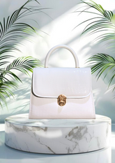 Luxury White Croc-Embossed Leather Handbag with Gold Lock – Elegant Top Handle Purse