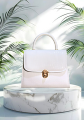 Luxury White Croc-Embossed Leather Handbag with Gold Lock – Elegant Top Handle Purse