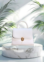 Luxury White Croc-Embossed Leather Handbag with Gold Lock – Elegant Top Handle Purse