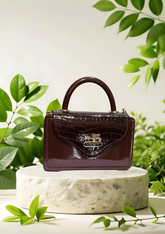 Coach Croc-Embossed Leather Top Handle Bag – Elegant Brown Designer Handbag with Gold Logo