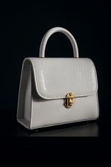 Luxury White Croc-Embossed Leather Handbag with Gold Lock – Elegant Top Handle Purse
