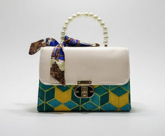 Chic Pearl Handle Handbag with Scarf Bow – White & Blue Geometric Design