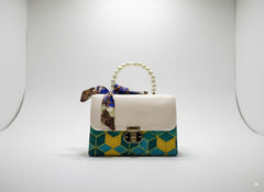 Chic Pearl Handle Handbag with Scarf Bow – White & Blue Geometric Design