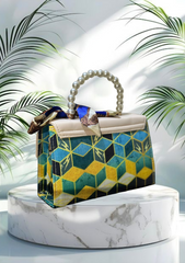 Chic Pearl Handle Handbag with Scarf Bow – White & Blue Geometric Design