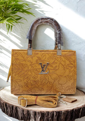 Luxury Floral Embossed Handbag – Mustard Yellow (LV Inspired)