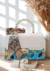 Chic Pearl Handle Handbag with Scarf Bow – White & Blue Geometric Design