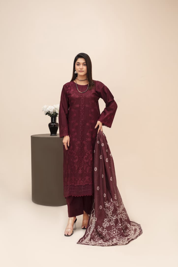 Premium 3-Piece Stitched Lawn Suit for Women – Elegant Printed Shirt, Trousers & Dupatta