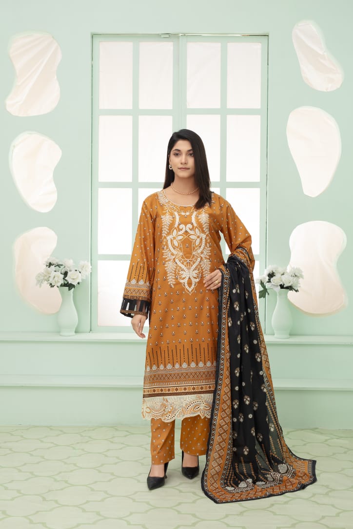 Premium 3-Piece Stitched Lawn Suit for Women – Elegant Printed Shirt, Trousers & Dupatta