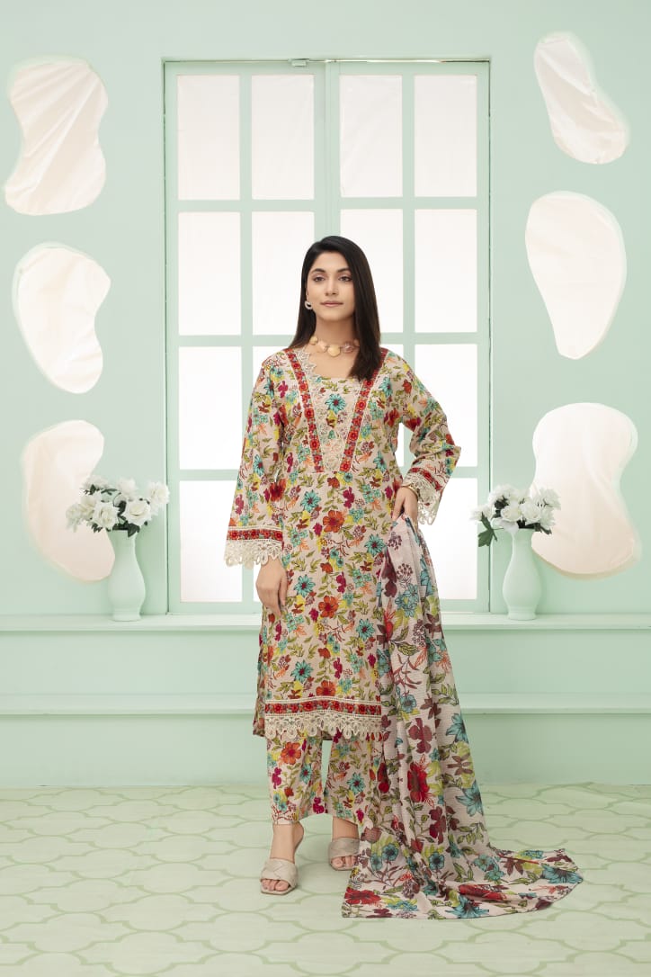 Premium 3-Piece Stitched Lawn Suit for Women – Elegant Printed Shirt, Trousers & Dupatta
