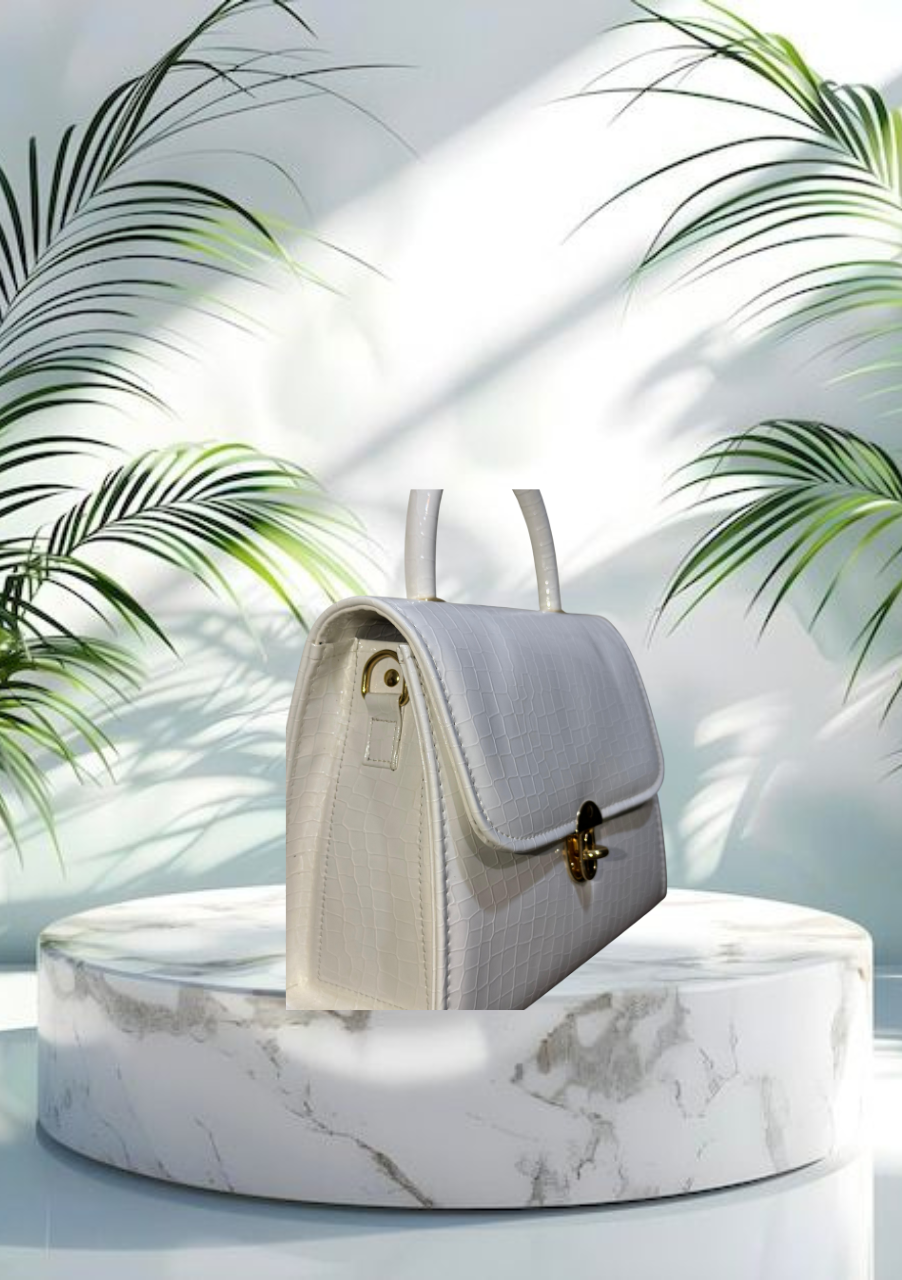 Luxury White Croc-Embossed Leather Handbag with Gold Lock – Elegant Top Handle Purse