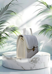 Luxury White Croc-Embossed Leather Handbag with Gold Lock – Elegant Top Handle Purse