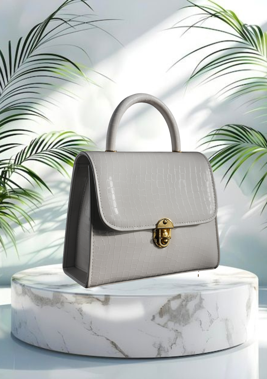 Luxury White Croc-Embossed Leather Handbag with Gold Lock – Elegant Top Handle Purse