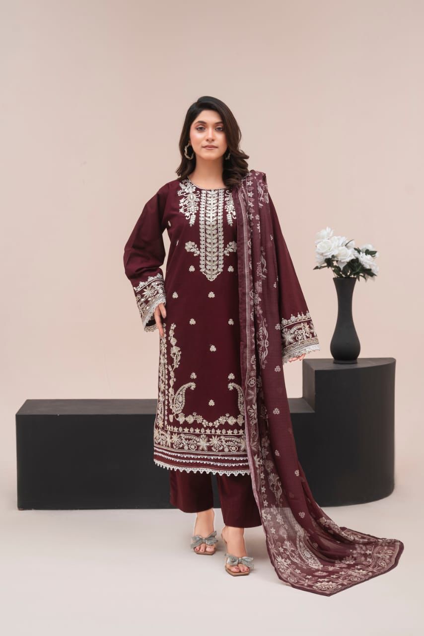 Premium 3-Piece Stitched Lawn Suit for Women – Elegant Printed Shirt, Trousers & Dupatta