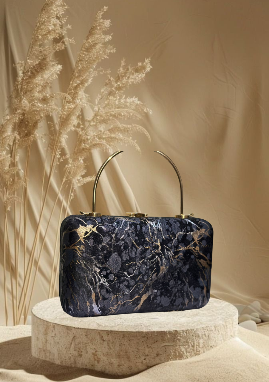 Luxury Marble-Print Evening Clutch with Gold Handles – Elegant Designer Handbag for Parties & Events