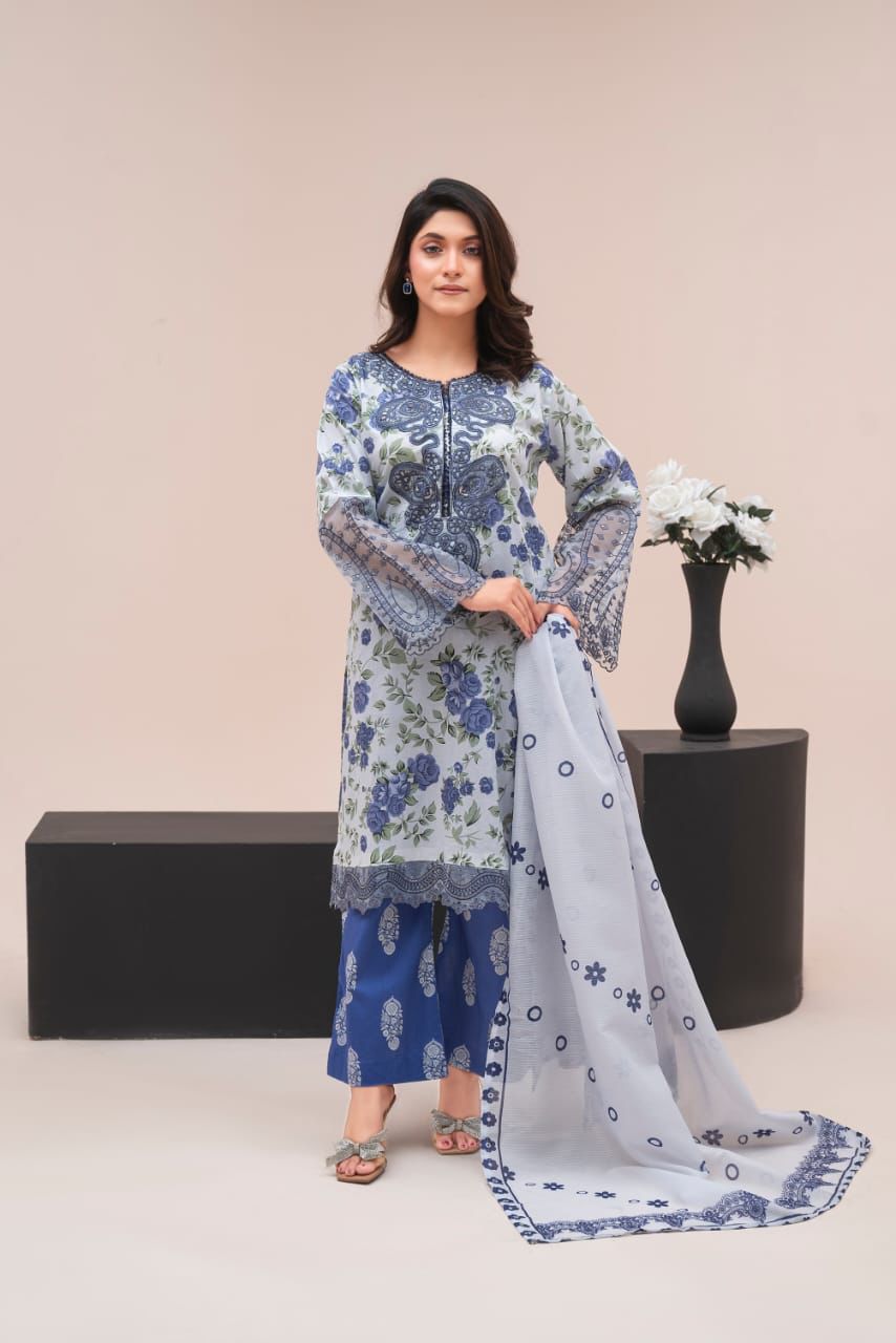 Premium 3-Piece Stitched Lawn Suit for Women – Elegant Printed Shirt, Trousers & Dupatta