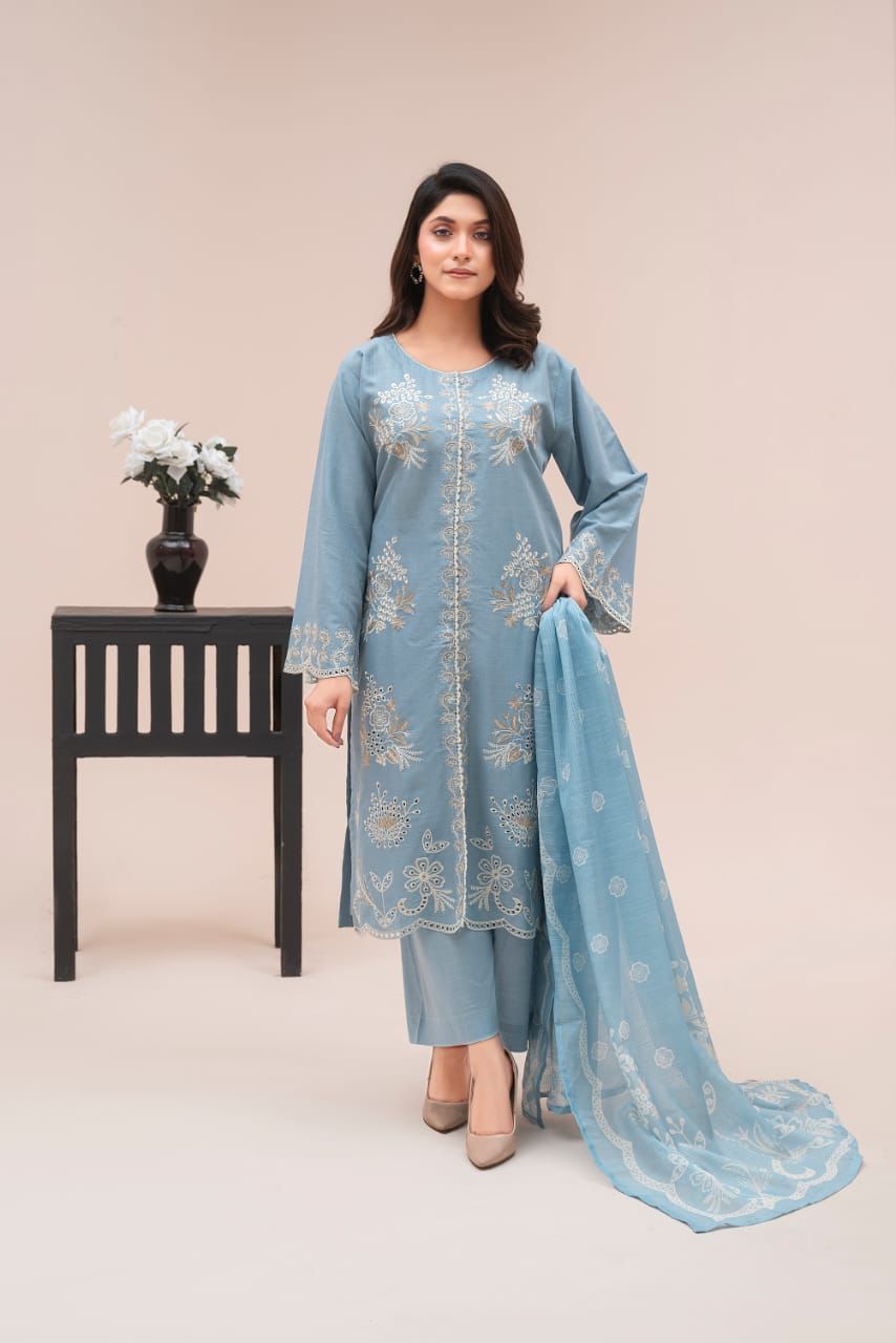 Premium 3-Piece Stitched Lawn Suit for Women – Elegant Printed Shirt, Trousers & Dupatta