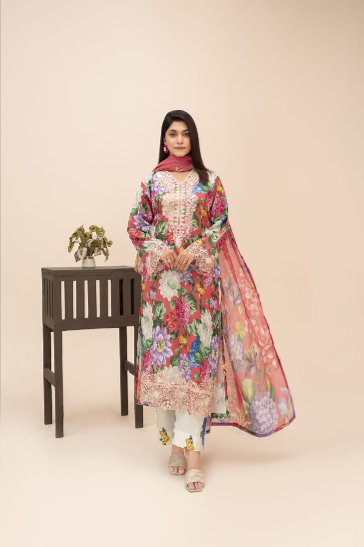 Premium 3-Piece Stitched Lawn Suit for Women – Elegant Printed Shirt, Trousers & Dupatta