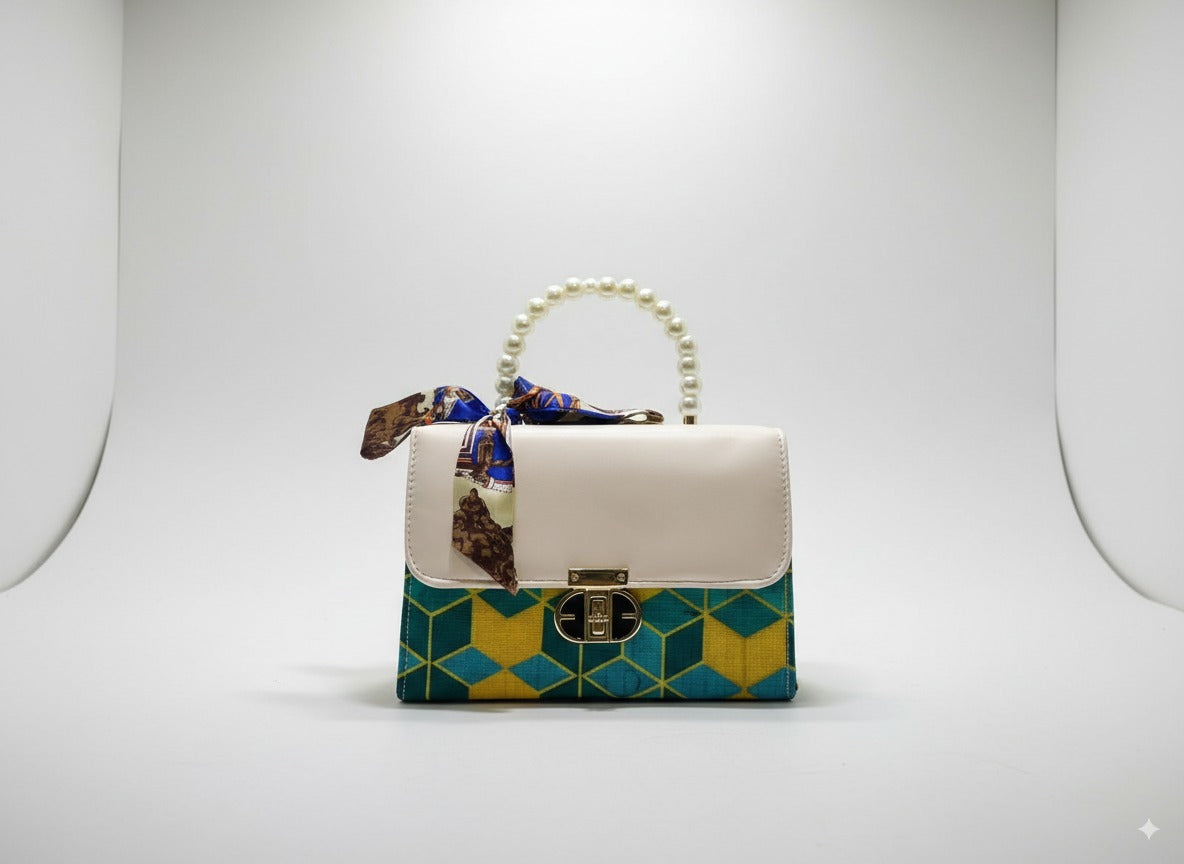 Chic Pearl Handle Handbag with Scarf Bow – White & Blue Geometric Design