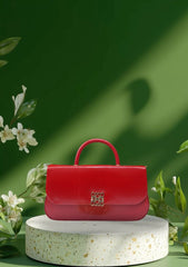 Classic Red Glossy Handbag with Elegant Gold Accent
