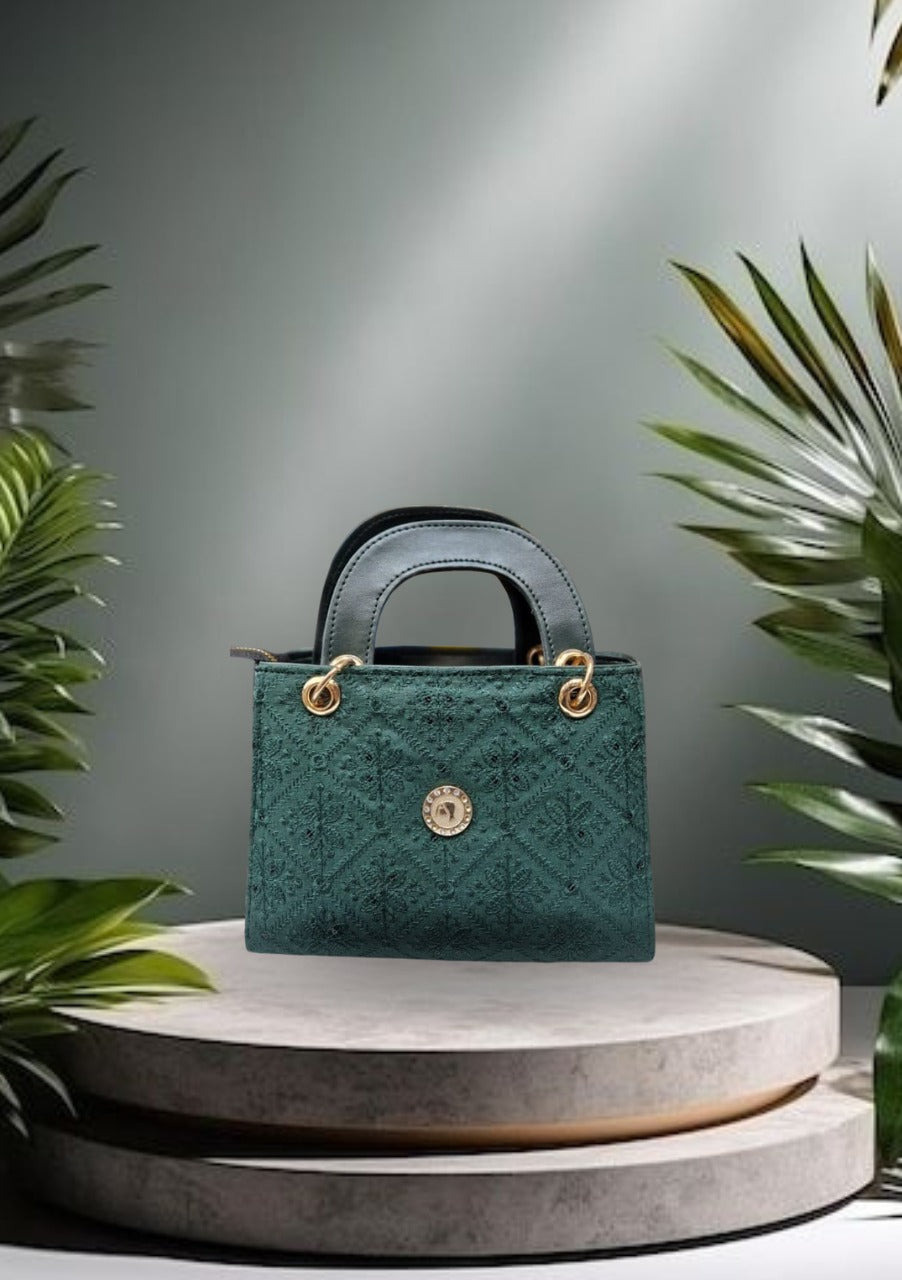 Emerald Green Textured Handbag with Gold Accents