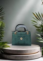 Emerald Green Textured Handbag with Gold Accents